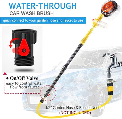 Rotating Car Wash Brush with Hose Attachment, Soft Chenille Microfiber Bristle Car Cleaning Brush Wash Mop Scrub Brush, Long Handle Car Washing Brush Kit with Soap Dispenser (Yellow)