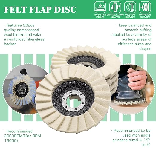 Yauhar 11Pcs Wool Buffing Polishing Wheel Set Contains 4-1/2 x 7/8 Inch Arbor Buffing Felt Flap Disc with Wrench and 4 Inch Buffer Polishing Pads for Angle Grinder