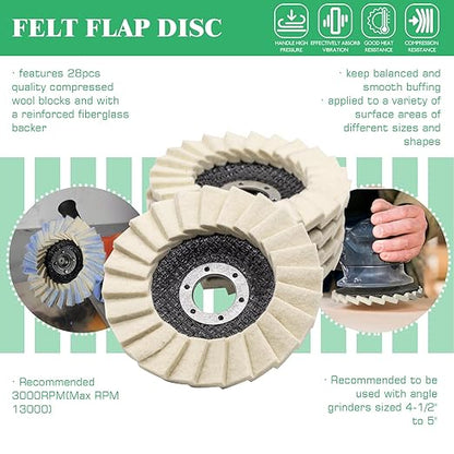 Yauhar 11Pcs Wool Buffing Polishing Wheel Set Contains 4-1/2 x 7/8 Inch Arbor Buffing Felt Flap Disc with Wrench and 4 Inch Buffer Polishing Pads for Angle Grinder