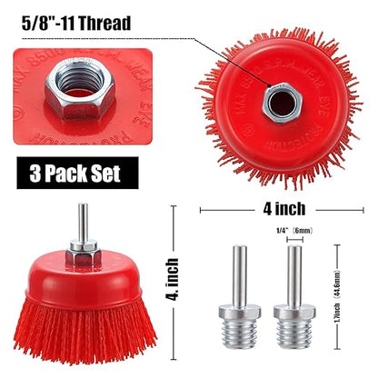 4” Nylon Filament Brush 3 Pack, 4 Inch Abrasive Nylon Bristle Cup Brushes 5/8"-11 Thread for Angle Grinder, with 1/4” Drill Shank Arbor Coarse for Rust Removing, Truck Bed Liner Surface Prep