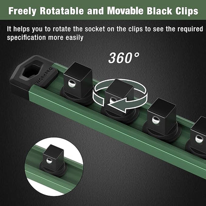WORKPRO Magnetic Socket Organizer, 1/2-Inch Drive Aluminum Alloy Socket Rail, Heavy Duty Socket Holder, Socket Rack Kit 1/2-Inch x 10 Clips Green (Socket not Included)