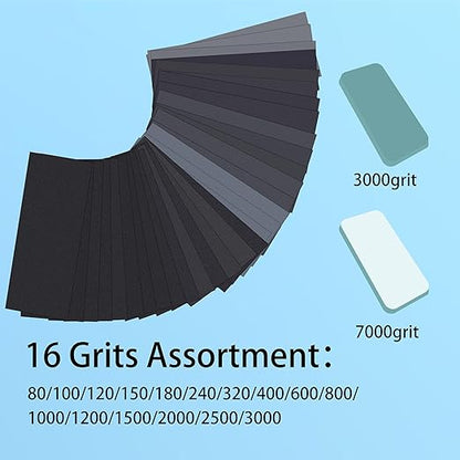 3-in-1 Wet Dry Sandpaper Set,48 Sheets of 80 to 3000 Grit Sand Paper,1 Sandpaper Holder and 2 Sponges Sanding Block for Wood Furniture Finishing Metal Automotive Sanding Polish