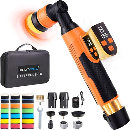 Protmex Cordless Mini Buffer Polisher - 1.2/1.6/2 Inch Car Polisher w/ 8 Variable Speed 2500-6000RPM - RO/DA Car Polishing Machine w/ 22 Pads - Small Polisher for Car Detailing Polishing Waxing, Short