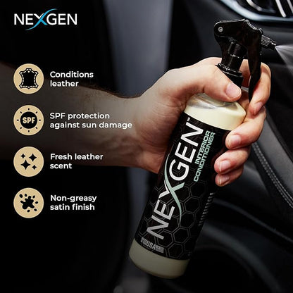 Nexgen Interior Conditioner (8oz) - Non-Greasy, UV-Blocking Formula - Fresh Leather Scent - On-the-Go Car Detailing - Car Cleaning Supplies - For Car Seats, Dashboards, Door Panels, & More