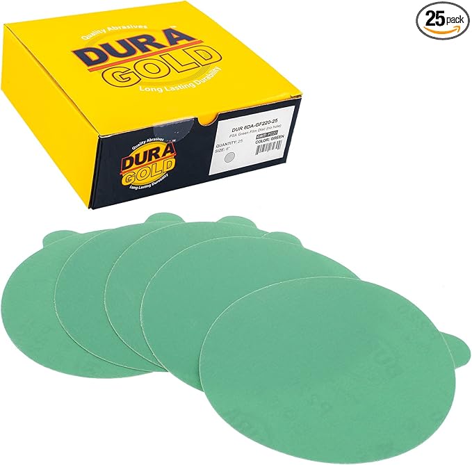 Dura-Gold Premium 6" Green Film PSA Sanding Discs - 220 Grit (Box of 25) - Self Adhesive Stickyback Sandpaper for DA Sanders, Finishing Medium Cut Abrasive - Sand Automotive Paint, Woodworking Wood