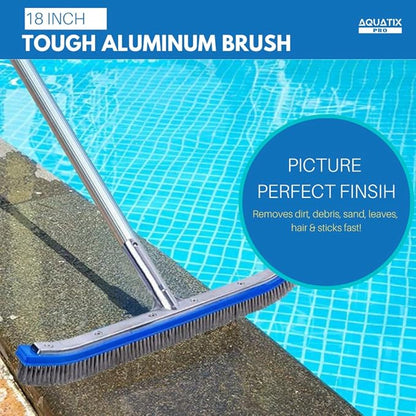Aquatix Pro Pool Brush Head, 18" Heavy Duty for Cleaning Walls & Floors, Stainless Steel Bristles, Reinforced Aluminum Back, Curved Ends for Corners, EZ Clip, Swimming Pool Brushes for Tiles & Steps