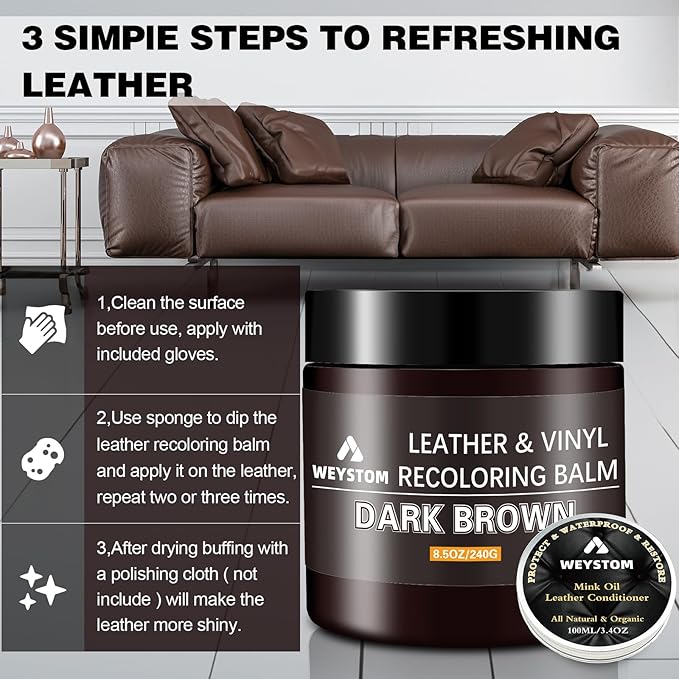8.5 OZ Leather Recoloring Balm with 100ML Leather Conditioner - Dark Brown Leather Repair Kit for Furniture, Leather Dye, Recolor, Renew, Repair & Restore Aged, Faded, Cracked, Peeling and Scuffed