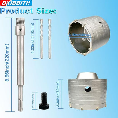 3-5/32" Concrete Hole Saw, 80mm Tungsten Steel Core Bit for Cinder Block, Brick, Rock, Plank Walls for Pipes or mini Split Lines, with SDS Plus Shank and 2 Center Positioning Drill Bits.