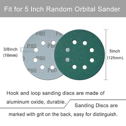 5 Inch 8 Hole Sanding Discs, 50 Pcs Wer Dry Sandpaper 80 Grit Hook and Loop Green Polyester Film Backed Sanding Disc for Random Orbital Sander Wood Car Metal Plastic (80 Grit, 50 Pack)