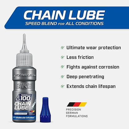 Formula 100 Chain Lube Pro Pack with All Conditions, Dry Conditions, & eBike Lubricant – Collection of Lubricant for Bicycles & Electric Bikes – Protects Against Wear & Corrosion – Three 50ml Bottles