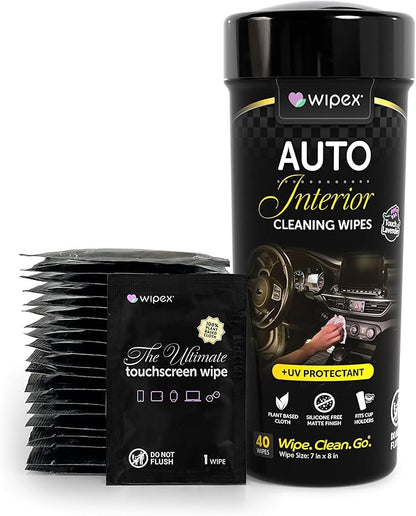 Wipex Car Screen Cleaner & Dashboard Cleaner Bundle - Auto Screen Wipes, Plant-Based Black Cloth, 24 Individually Wrapped Screen Wipes & 40 Interior Cleaning Wipes for Streak-Free Polish
