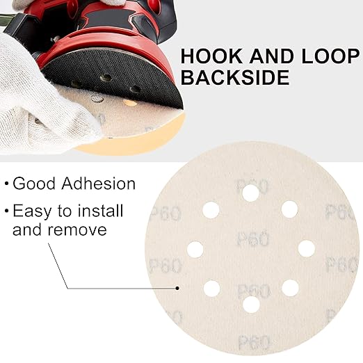 LotFancy 100 PCS 60 Grit Sanding Discs, 5 Inch 8 Hole Aluminum Oxide Orbital Sander Sandpaper for Stripping Paint, Sand Paper for Wood, Plastic, Rust Removal, Random Orbital Sander Pads