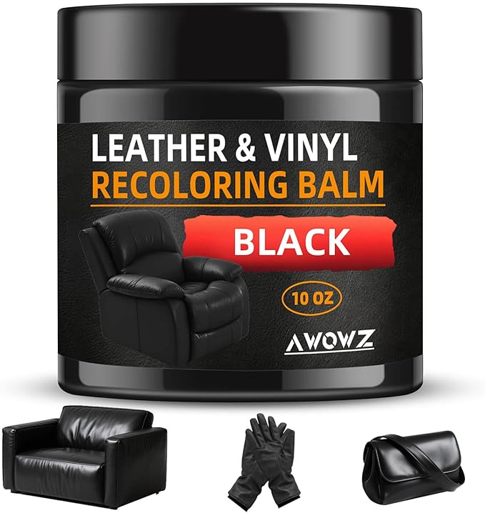 AWOWZ Leather Recoloring Balm - Scratch Repair & Color Restore Kit for Faded Leather, Leather Couch & Car Seats - 10OZ Leather Restorer Balm for Furniture, Auto Interior, Vinyl, Accessories (Black)