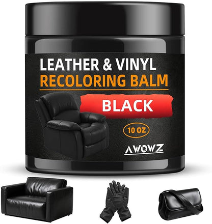 AWOWZ Leather Recoloring Balm - Scratch Repair & Color Restore Kit for Faded Leather, Leather Couch & Car Seats - 10OZ Leather Restorer Balm for Furniture, Auto Interior, Vinyl, Accessories (Black)