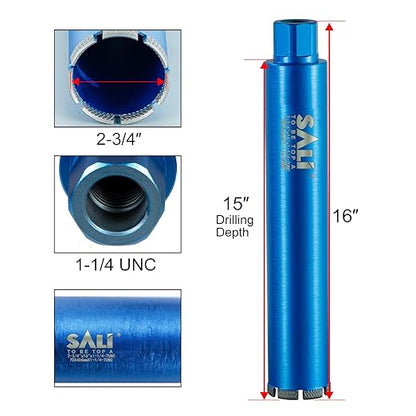 SALI Wet Diamond Core Drill Bits 2-3/4"/70mm Diameter, 15"/380mm Drilling Depth Concrete Core Drill Bit, 1-1/4-7" Thread Core Bit Turbo Laser-Welded Segments with Rebar, Brick, Block, Masonry, Stone