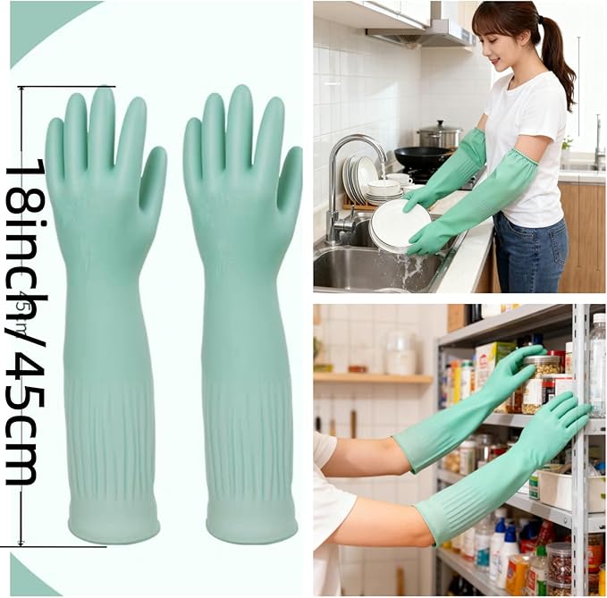 JINGLIKANG 18inch Household Cleaning Rubber Kitchen Dishwashing Waterproof Gloves, Long Durable Anti Slip Work Latex Gloves