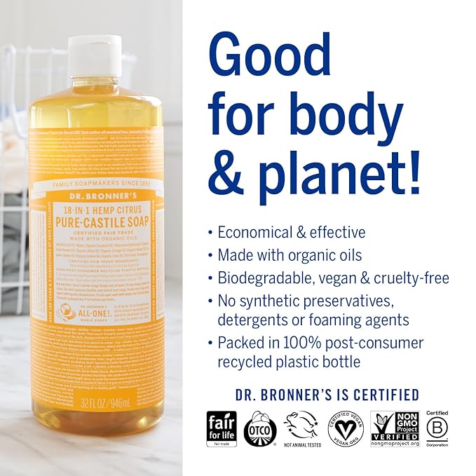 Dr. Bronner's Magic Soap-Pure-Castile Liquid Soap (Citrus, 32oz, 2-Pack)-Regenerative Organic Certified Oils, 18-in-1 Uses: Body, Hair, Laundry, Pets & Dishes, Concentrated, Vegan, Non-GMO