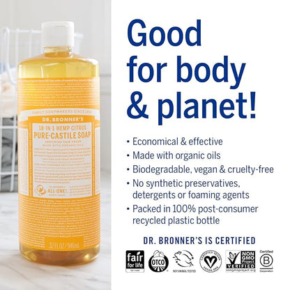 Dr. Bronner's Magic Soap-Pure-Castile Liquid Soap (Citrus, 32oz, 2-Pack)-Regenerative Organic Certified Oils, 18-in-1 Uses: Body, Hair, Laundry, Pets & Dishes, Concentrated, Vegan, Non-GMO