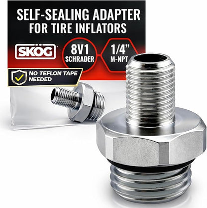 SKÖG Self-Sealing Tire Inflator Adapter – 1/4” NPT Male to Schrader Valve | No Teflon Tape | Leak-Free | for Air Compressors & Inflators