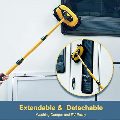 YeewayVeh Car Wash Brush with Long Handle, Microfiber Car Wash Mop with Replaceable Chenille Brush Head, Soft Cleaning Brush with 15° Curved Extension Pole Car Wash Kit for RV Truck Camper, YELLOW