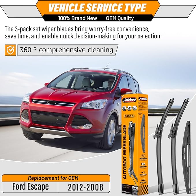 AUTOBOO 20+20 Windshield Wipers Blades for Ford Escape 2012 2011 2010 2009 2008 with 12 Rear Blade Original Equipment Replacement- I&L Pinch Tab (Pack of 3)