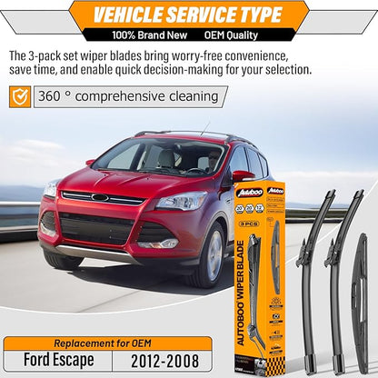 AUTOBOO 20+20 Windshield Wipers Blades for Ford Escape 2012 2011 2010 2009 2008 with 12 Rear Blade Original Equipment Replacement- I&L Pinch Tab (Pack of 3)
