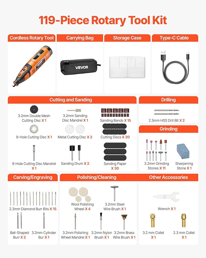 VEVOR 119-Piece Cordless Rotary Tool Kit, DC12V Portable Mini Power Rotary Tool, 28-Level Speed 5000-32000 RPM Multi-Purpose DIY Tools for Engraving, Sanding, Polishing, Carving, Cutting, DIY Crafts