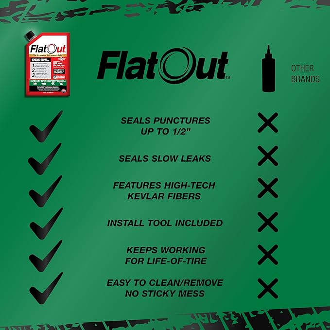 FlatOut Off-Road Tire Sealant, Outdoor Power Equipment Formula, Prevents Flat Tires, Fix a Flat Tire, Seals Leaks, Contains Kevlar, 32 Ounce Bag, 1-Pack
