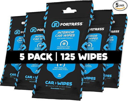 Fortress Car Interior Wipes (25 ct, Pack of 5) for Car Interior Cleaning, Dashboard, Seats, Detailing, and Steering Wheel [Travel Size] Skin-Safe Car Interior Cleaner Supplies