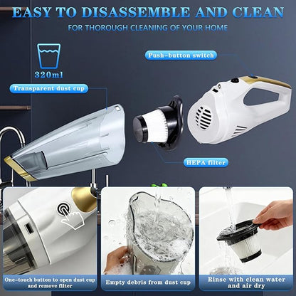 XGJUCE Handheld Vacuum Cordless,Car Vacuum Portable Cordless Rechargeable with led Light, 6kpa Strong Suction with Three Types of Suction Heads and Filters for car/Home/Office Cleaning