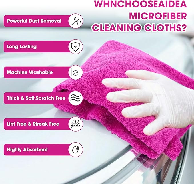 Shimeyao 30 Pcs 16 x 16 Inch Edgeless Microfiber Plush Towels for Cars Detailing Drying Wash Polishing Absorbent Cleaning Cloths, 500 GSM (16 x 16 Inch, Fuchsia, 30 Pcs)
