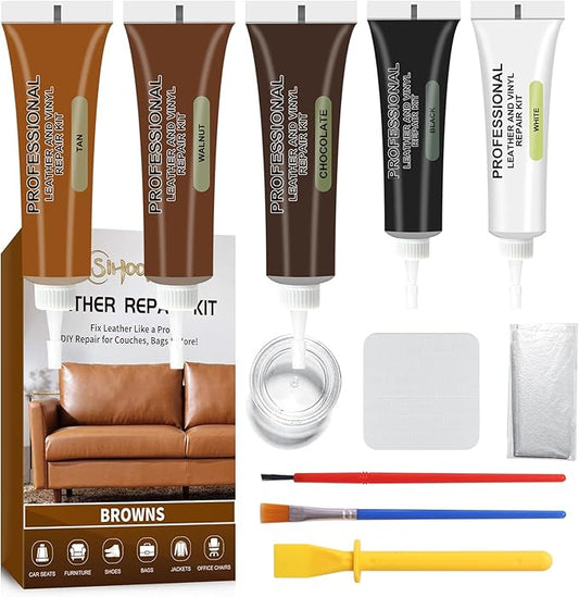 SIHOOPE Car Leather Repair Kit for Furniture, Vinyl Repair Kit for Car Interiors Seat, Leather Filler, Fixes Tears, Holes, Scratches and Peeling, Restores Faux, Artificial, and Genuine Leather (Brown)