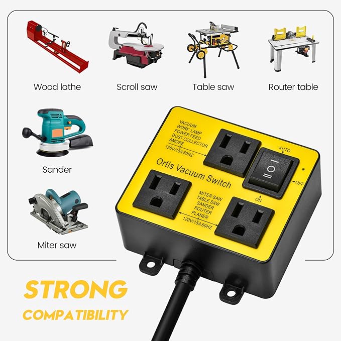 Automatic Vacuum Switch, Ortis Vacuum Switch for More Power Tools, Delay Vacuum On/Off to Prevent Circuit Overload and Tripping, Keep Your Workplace Cleaner, Better for Your Lung