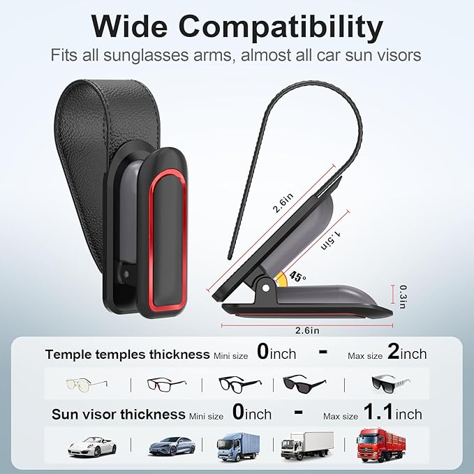 Veharvim Sunglass Holder for Car (One-Handed-Operation, Gentle & Secure Hold, Silicone Padded, Universal Fit, Metal Clip) Visor Sunglass Holder Clip,Visor Sunglass Holder Car (Black & Red, 2 Pack)