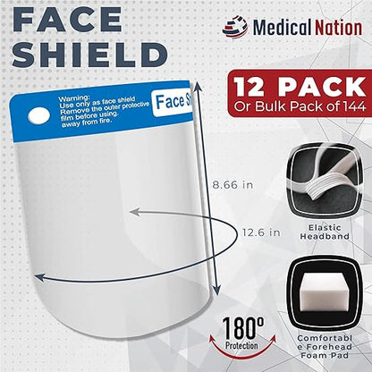 Medical Nation Face Shield | Case of 48 | Clear Plastic Face Shields for Women, Men & Kids, Anti-Fog, Lightweight Reusable Face Shield Mask, Safety Visor Cover with Comfortable Sponge & Elastic Band