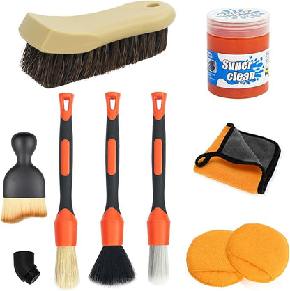 9PCS Car Detailing Brush Set, Bristle Horse Hair Boars Hair Brush with Elbow Adapter, Microfiber Wax Applicator Pads, Drying Towel and Cleaning Gel, Cleaning Kit for Car Interior and Exterior
