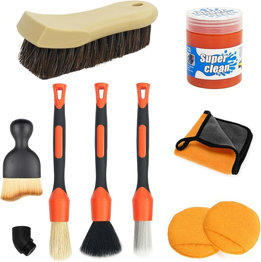 9PCS Car Detailing Brush Set, Bristle Horse Hair Boars Hair Brush with Elbow Adapter, Microfiber Wax Applicator Pads, Drying Towel and Cleaning Gel, Cleaning Kit for Car Interior and Exterior