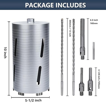 5-1/2 inch Diamond Dry Core Drill Bit, 10" Drilling Depth, 5/8"-11 Thread Core Drill Bit for Concrete Masonry Brick Block, Includes 3 Adapters SDS Plus, SDS Max and Hex (5-1/2 inch)