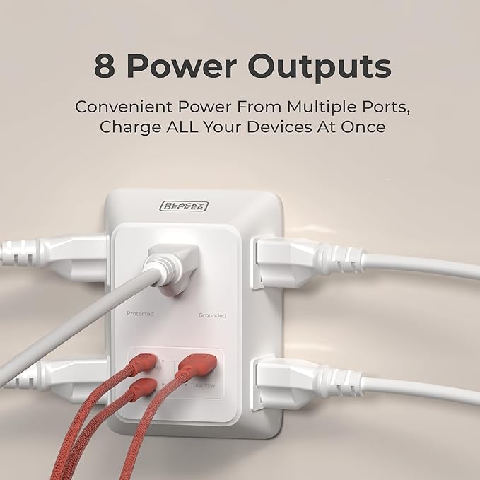 BLACK+DECKER PD USB Wall Charger Surge Protector, 5 Outlet Extender w/ 2 USB C PD & 1 USBA Charging Ports, Fast Charge 3 Sided Power Strip Multi Plug Outlets Wall Adapter for Home Office, ETL Listed