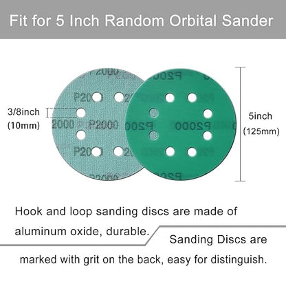 5 Inch 8 Hole Sanding Discs, 50 Pcs Wer Dry Sandpaper 2000 Grit Hook and Loop Green Polyester Film Backed Sanding Disc for Random Orbital Sander Wood Car Metal Plastic (2000 Grit, 50 Pack)