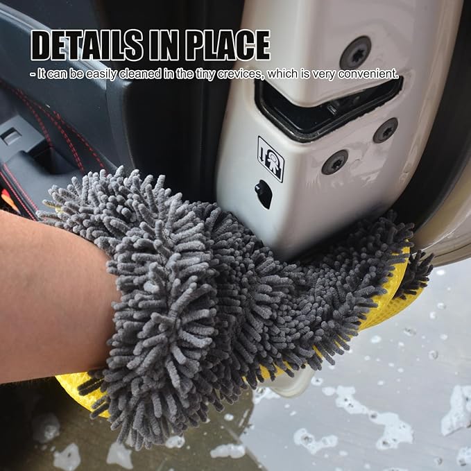QMX Car Wash Mitt Microfiber Scratch Free,Premium Chenille Ultra-Soft Car Wash Gloves,Thickened Inside Coated Swirl-Free Finish 5-Finger Design Detailing for Cleaning Car Wash Brush,2-Pack Green