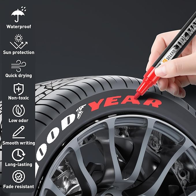 SELEAD Tire Marker White Red - 8 Pack Paint Pens for Car Tires Lettering, Premium Professional Oil Based Ink, Waterproof Quick Drying Non-Fading Permanent Markers