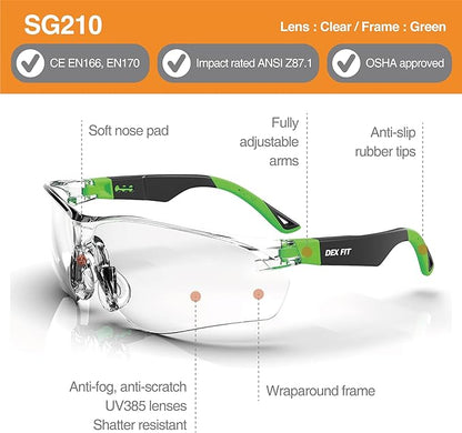 DEX FIT Safety Glasses SG210; 6 Pairs, Z87, Anti-Fog & Scratch Resistant, Adjustable for Women and Men, UV Protection (Black & Green Frame, Clear Lens)