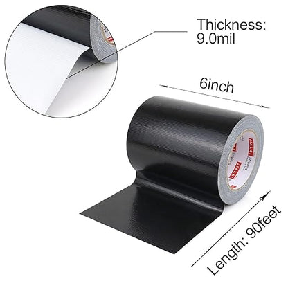 Wide Duct Tape, Industrial Grade 30Yards (90 ft) Wide 6'' Tape Duct, 9 Mil Heavy-Duty, Waterproof, Strong, Flexible, No Residue, for Crafts & Home Improvement (Black, 6'' x 90ft)