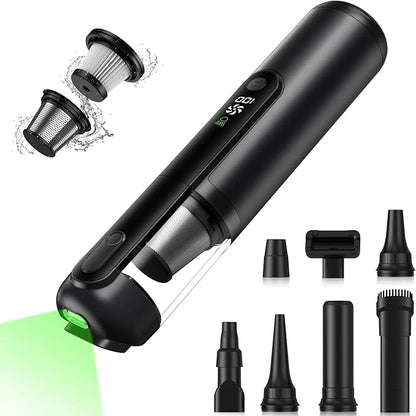 Seiyeje Car Vacuum, Handheld Cordless Vacuum 19000Pa, 4-in-1 Mini Portable Cleaner with Green LED Detection Light, 2 Modes for Car, Home, Office, Desk & Keyboards, Rechargeable, Washable Filter