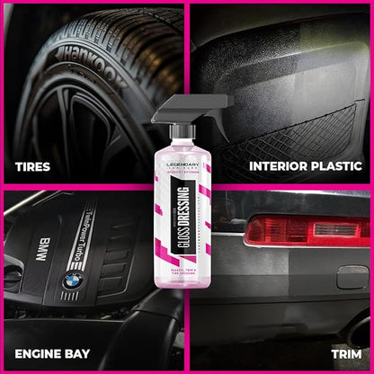 Legendary Gloss Dressing 16oz - Tire Shine Spray & Plastic Restorer - Water Based & Non-Greasy Interior/Exterior Detailing Spray - Trim, Rubber, Vinyl & Plastic Restorer for Cars (2Pack)