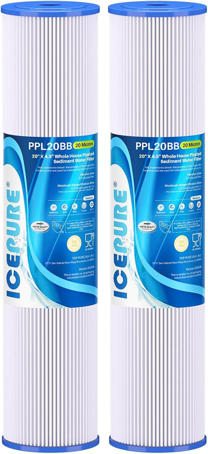 ICEPURE 20 Micron 20" x 4.5" Whole House Pleated Sediment Filter for Well Water, Remove Rust, Chlorine, Replacement Cartridge for ECP5-BB, AP810-2, HDC3001, SPC-45-1005 CP5-BB ECP1-20BB S1-20BB, 2PACK