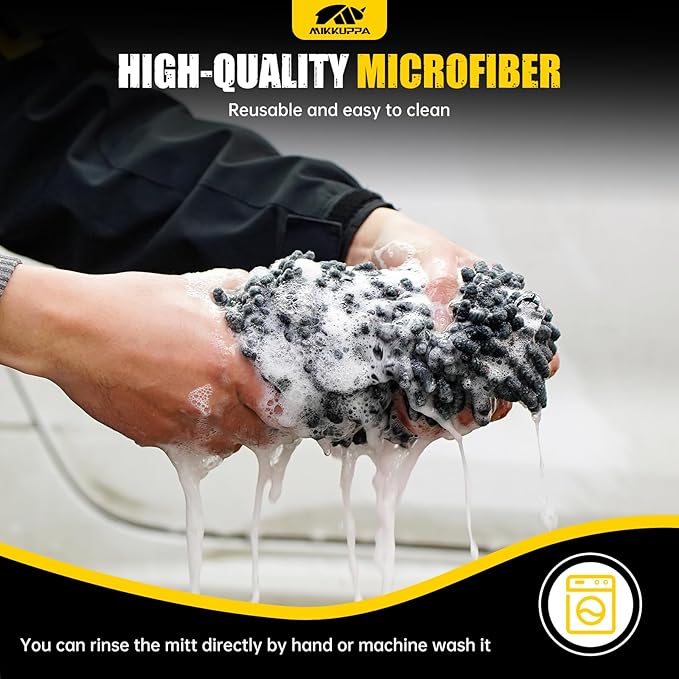 MIKKUPPA Car Wash Mitt Microfiber - Double-Sided Chenille Scratch Free Mitt with Waterproof Inner for Car Washing Home Cleaning (Gray, 2Pack, 10'' x 7'')