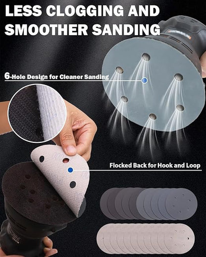 50PCS 6 Inch Wet Dry Sanding Paper Discs Hook and Loop, 6 Hole 120 to 1000 2000 3000 Grit Sandpaper for DA Random Orbital Sander, Silicon Carbide Fine Sandpaper Assortment for Car Wood Metal Polishing