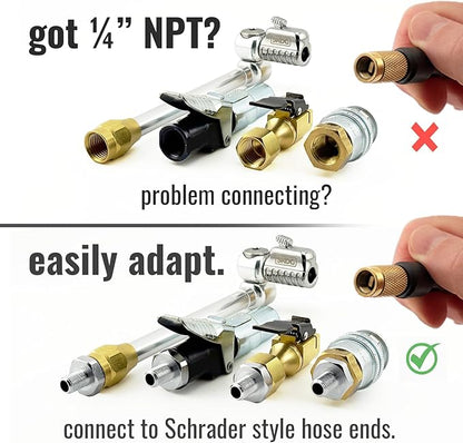 SKÖG Self-Sealing Tire Inflator Adapter – 1/4” NPT Male to Schrader Valve | No Teflon Tape | Leak-Free | for Air Compressors & Inflators